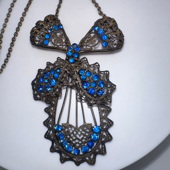 Antique Art Deco 1920s blue Czech glass rhinestones brass filigree necklace - Picture 3 of 8